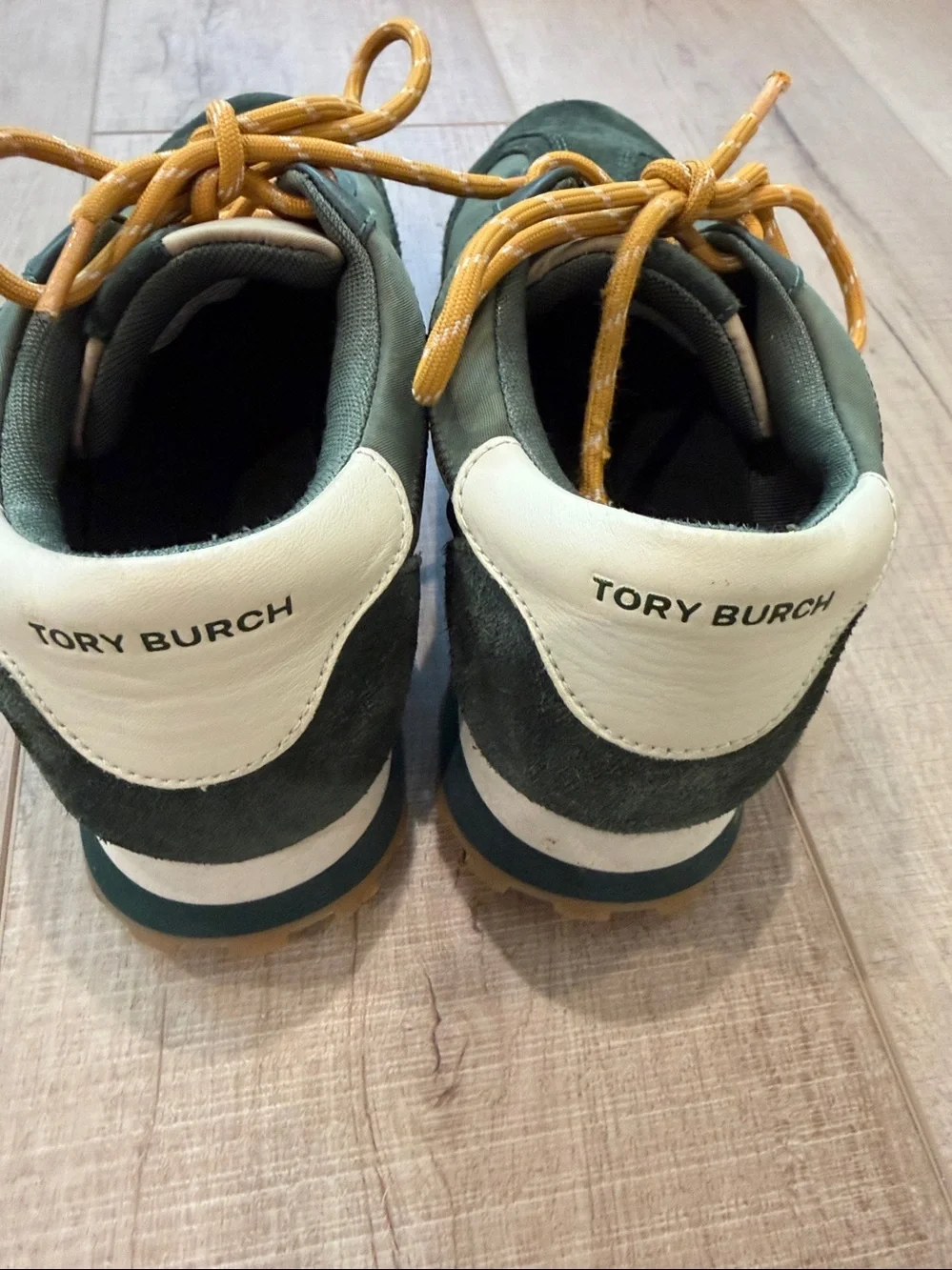 Tory Burch Annie Nylon Green Suede Women’s Sneakers with Yellow Laces-10.5